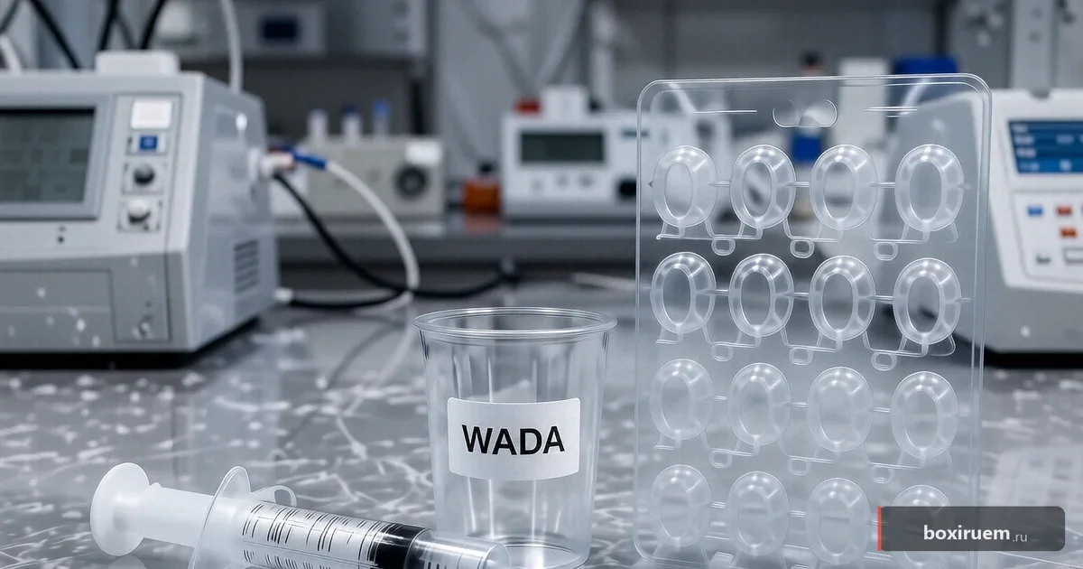 Стеклянный шприц и блистер капсул на лабораторном столе WADA