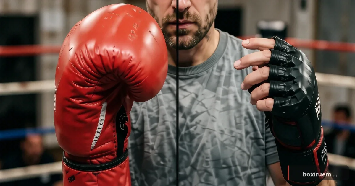 Сплит-кадр: красная перчатка слева и MMA-варежка справа