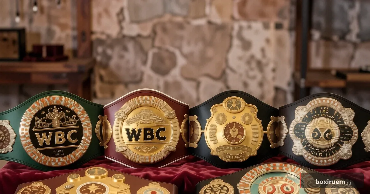 Четыре пояса WBC, WBA, IBF, WBO на красном бархате с пластинами