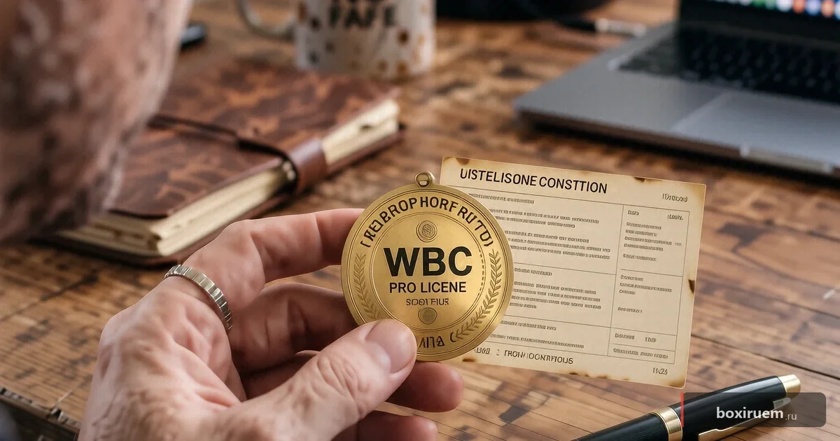 Любительский значок AIBA рядом с профессиональной лицензией WBC на столе, момент перехода