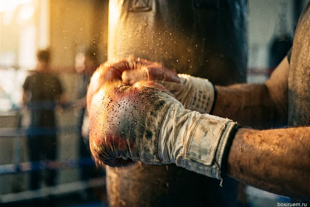 Размытый взгляд на боксёрские бинты вокруг мешка