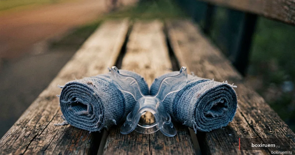 Набор экипировки для бокса: перчатки, бинты и капа на темном дереве