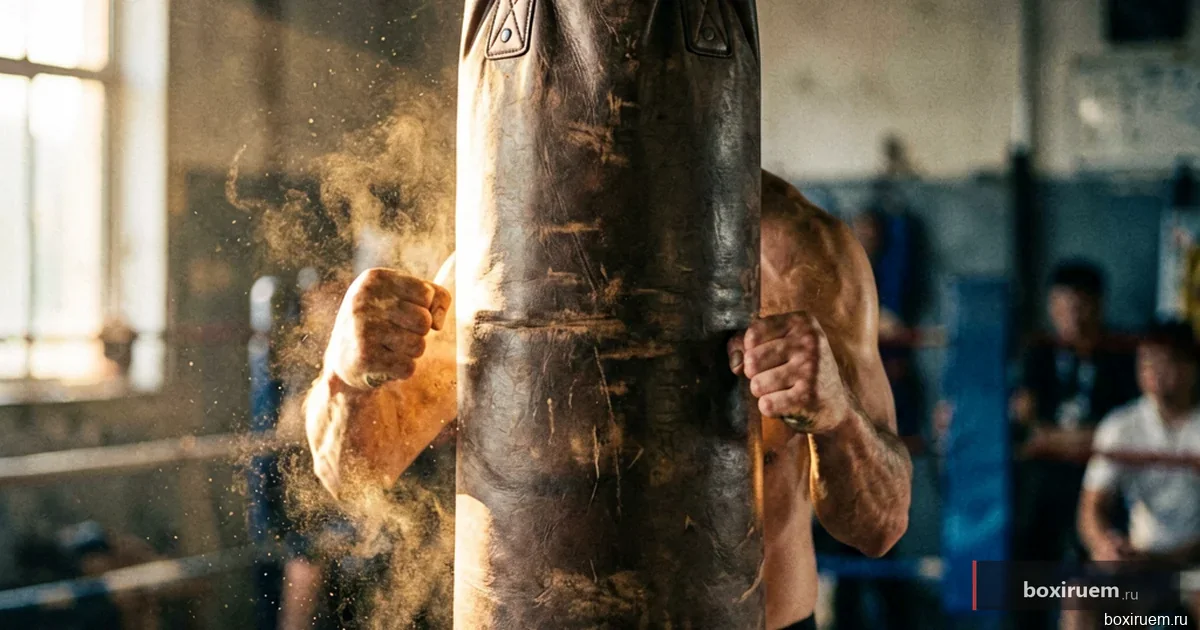 Кулак врезается в тяжелый мешок с летящими частицами пыли при боковом освещении