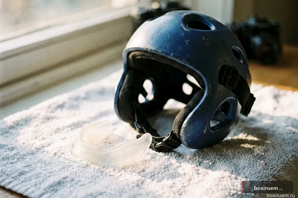 Капа и шлем лежат на полотенце при мягком свете