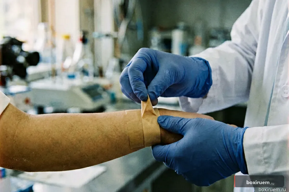 Врач фиксирует запястье атлета медицинским тейпом