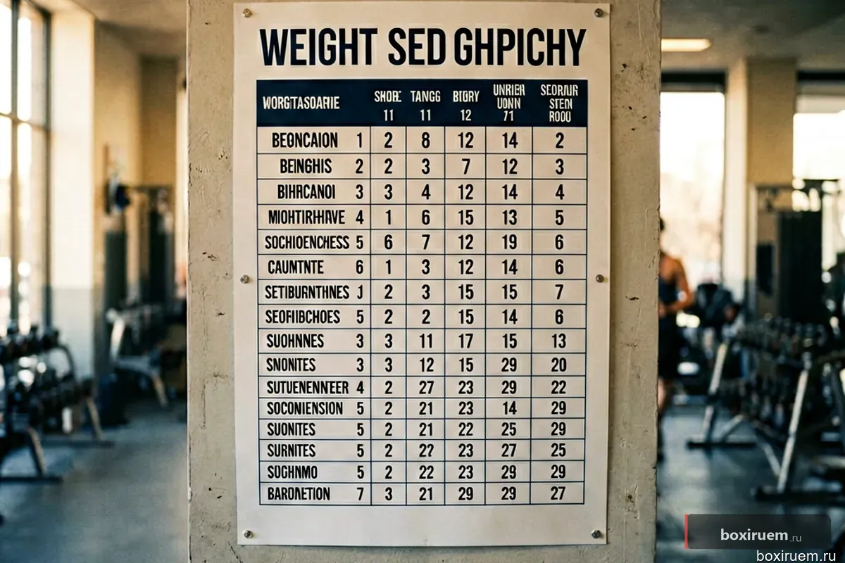 Таблица весовых категорий в коридоре спортзала