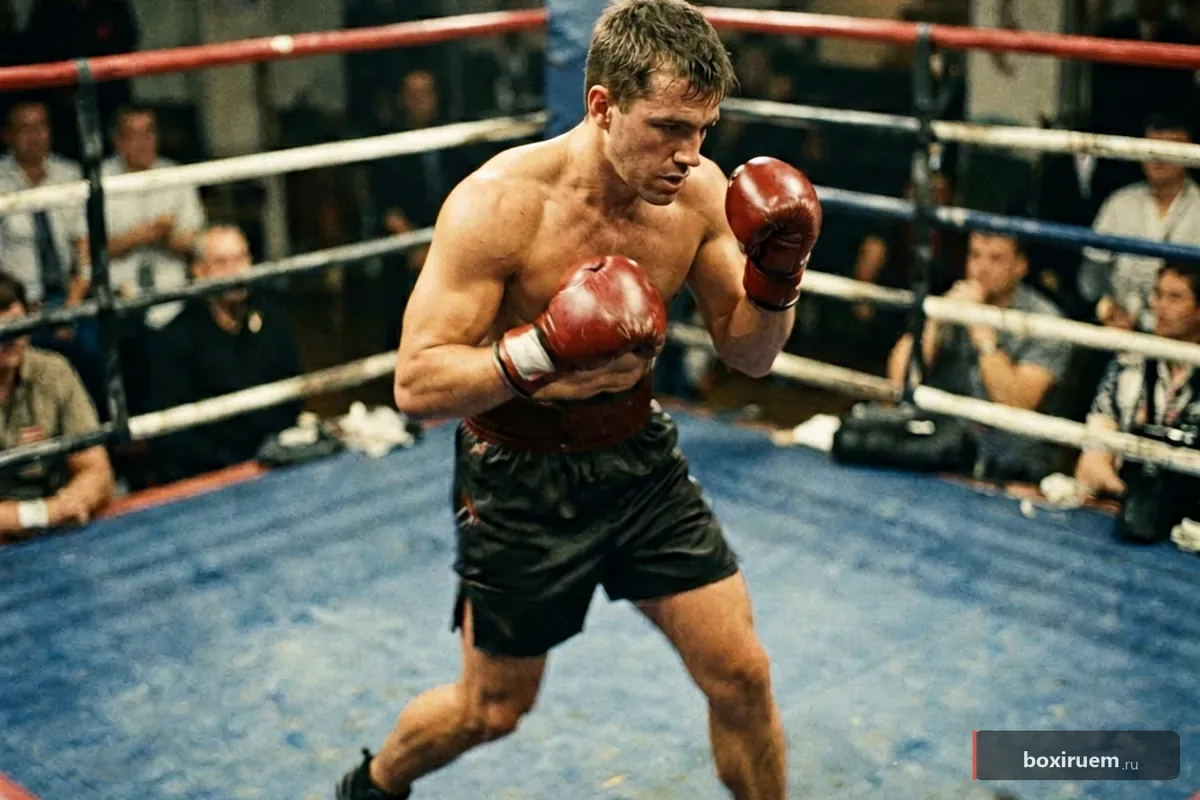 Боксер совершает боковой шаг для контроля дистанции