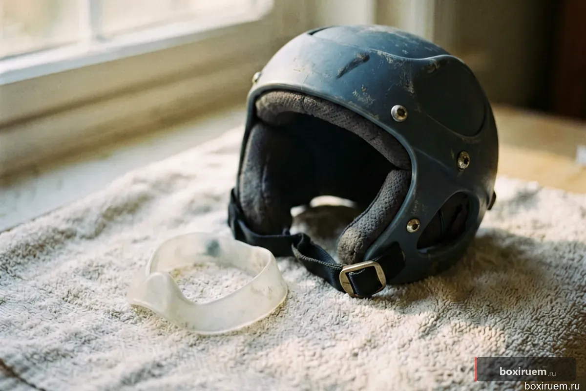 Капа и шлем для бокса лежат на полотенце