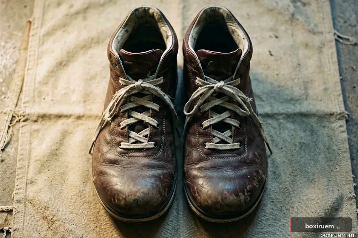 Вид сверху на боксерскую обувь на канвасе