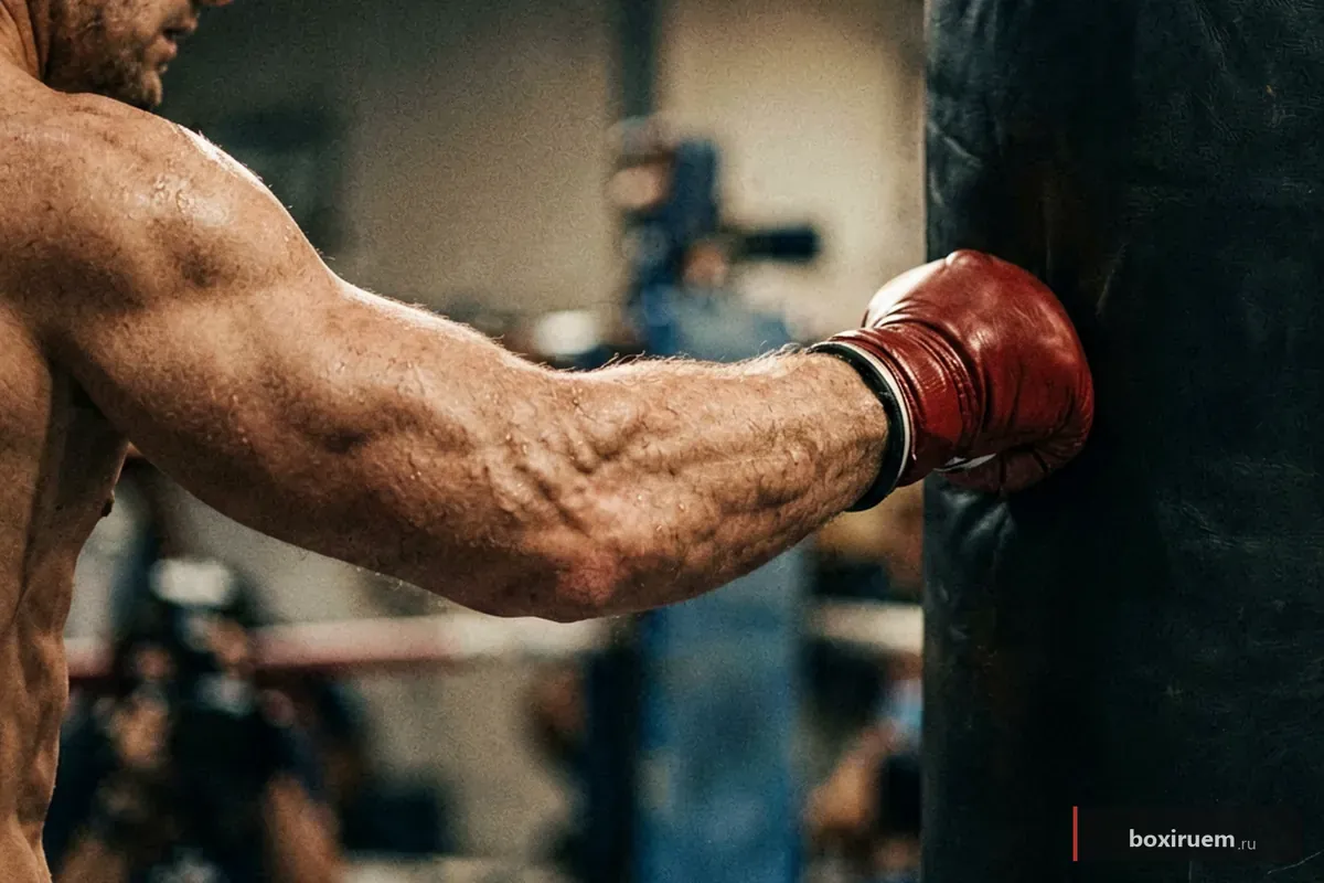 Мышцы предплечья кавказского боксера напрягаются при ударе