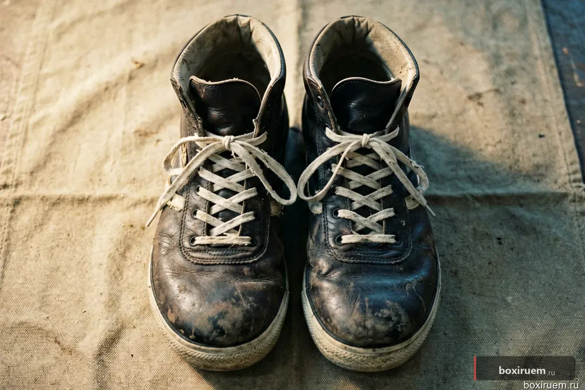 Вид сверху на боксерскую обувь на покрытии зала