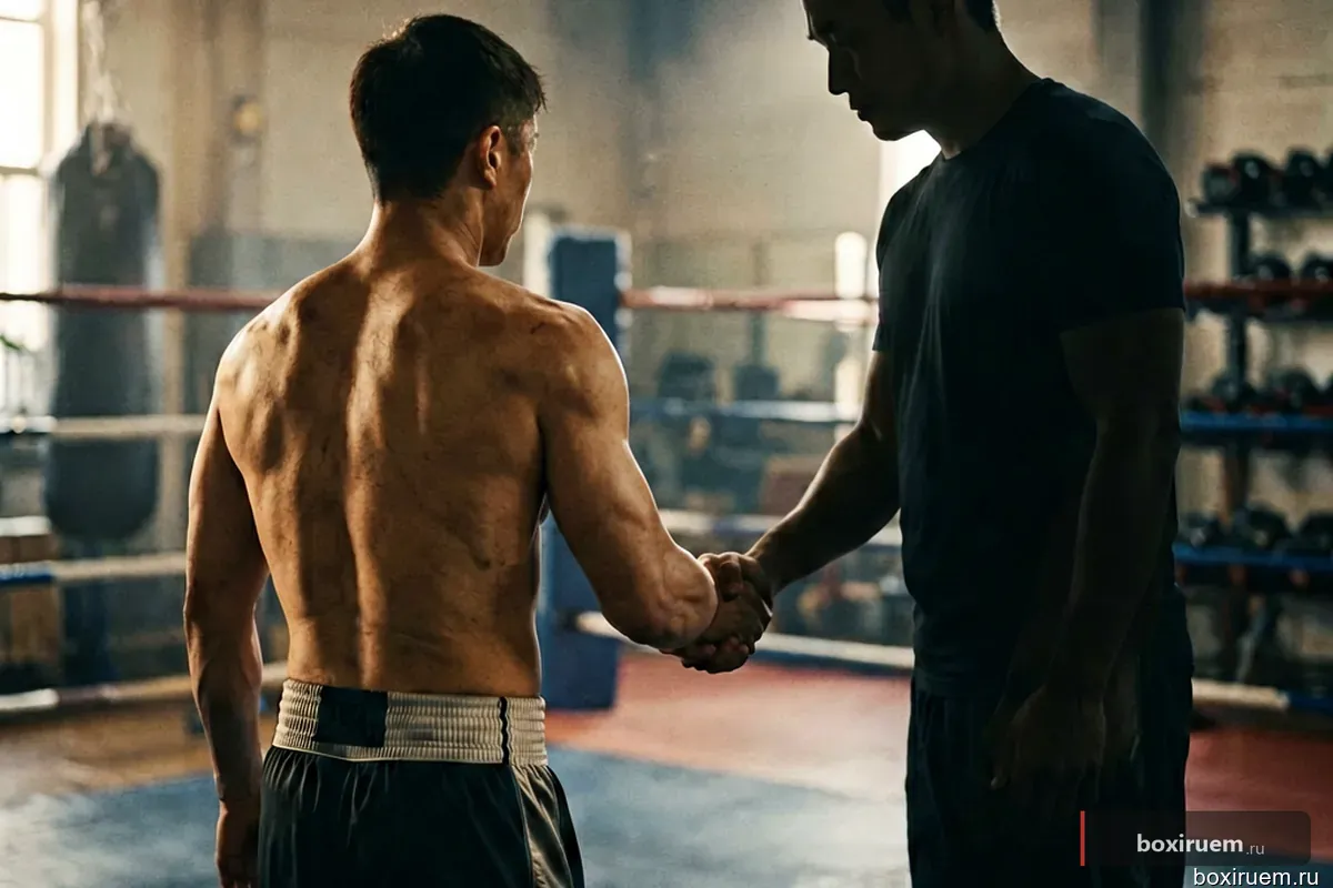 Молодой боксер жмет руку тренеру в зале