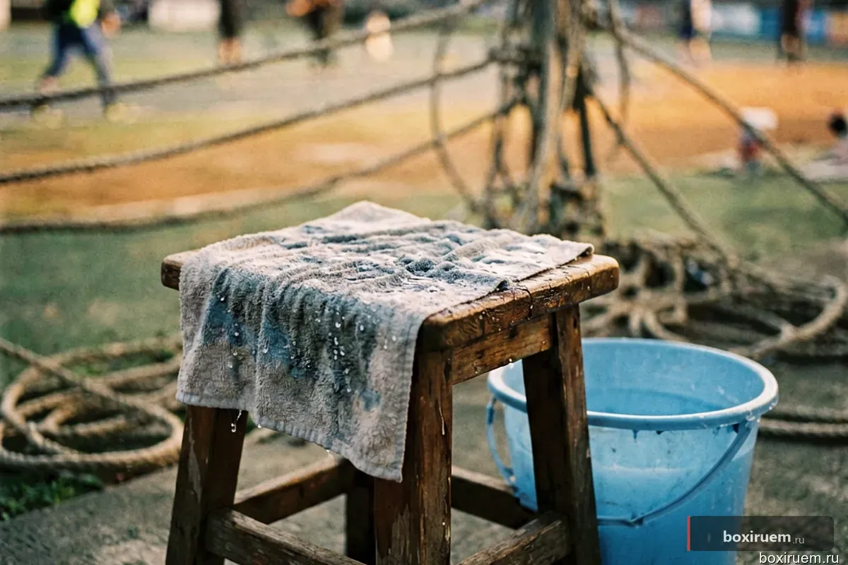 Стул в углу ринга с мокрым полотенцем и ведром воды