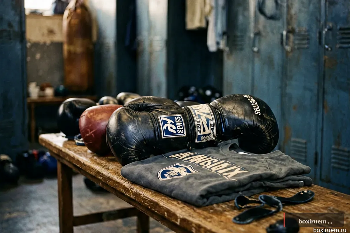 Скамейка в раздевалке с бинтами и футболкой боксёра