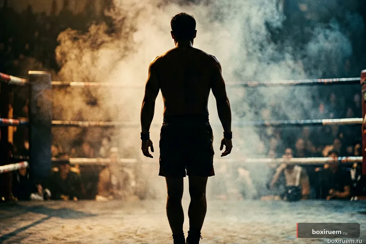 Силуэт бойца, идущего к рингу в дыму