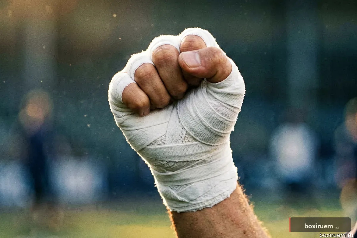 Кулак в воздухе с акцентом на костяшки и бинты