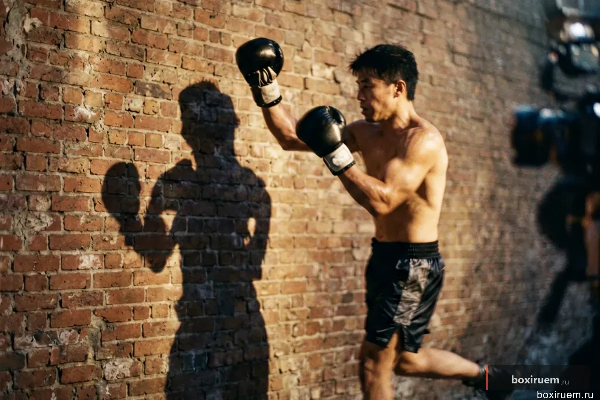 Тень боксера на кирпичной стене во время боя с тенью