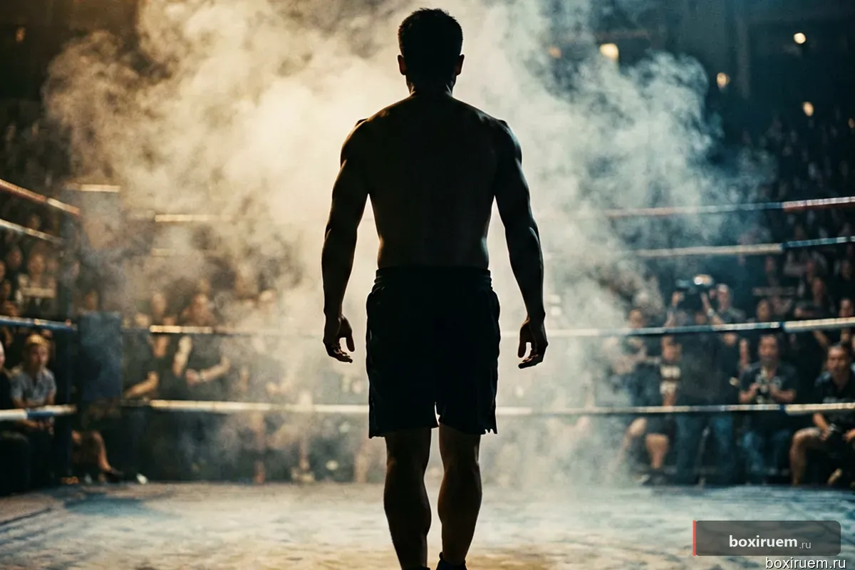 Силуэт бойца, идущего к рингу сквозь дым