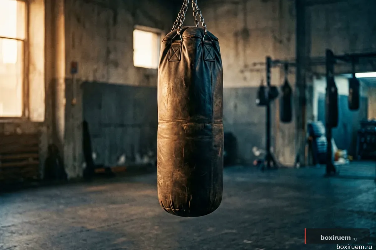 Одинокий тяжелый мешок в пустом спортзале при низком освещении