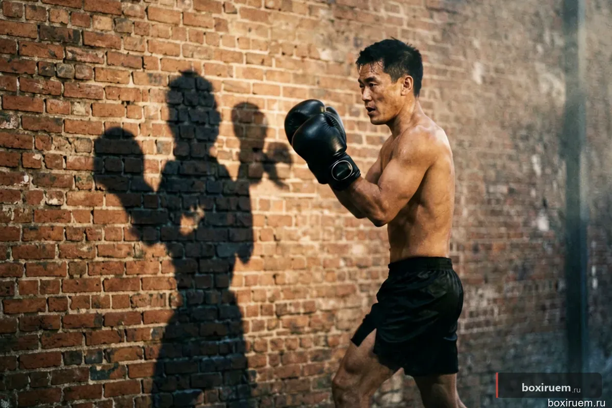 Тень боксера на кирпичной стене во время работы с тенью