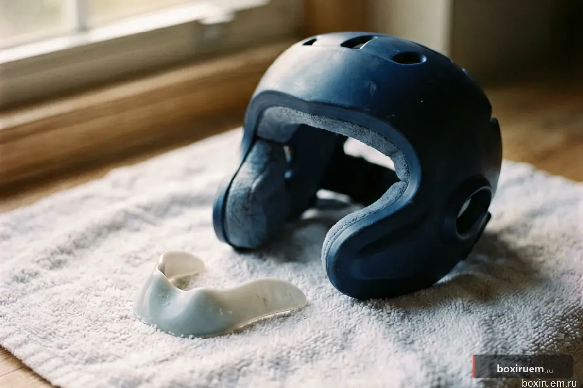 Капа и шлем для бокса лежат на полотенце при мягком свете