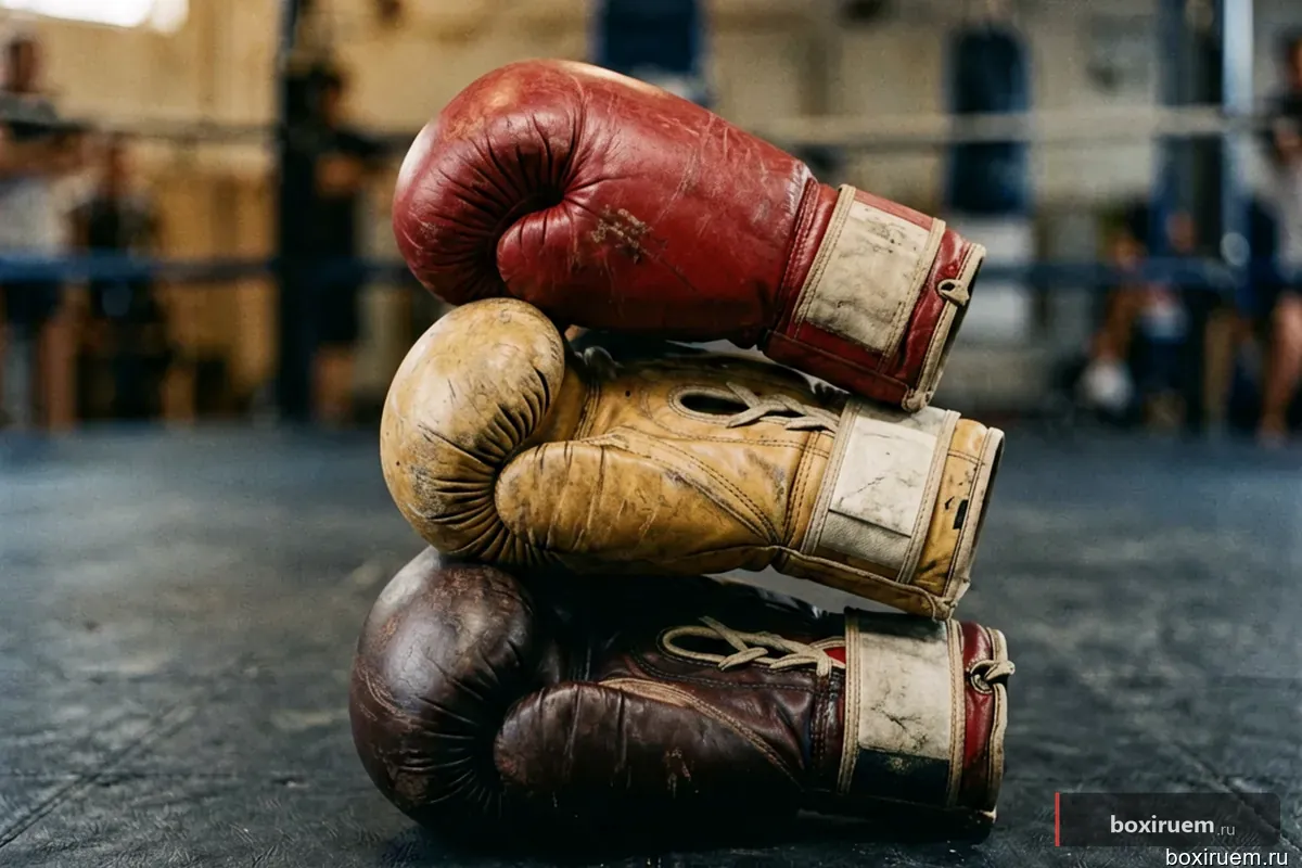 Стопка боксерских перчаток разного размера на темной поверхности
