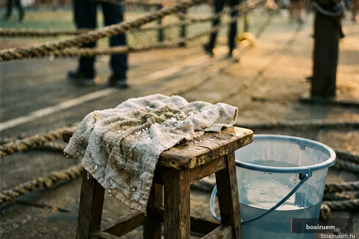 Стул в углу ринга с мокрым полотенцем и ведром воды