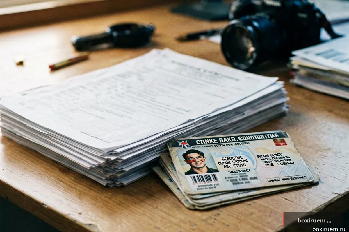 Стопка регистрационных документов и карточка лицензии боксёра на столе