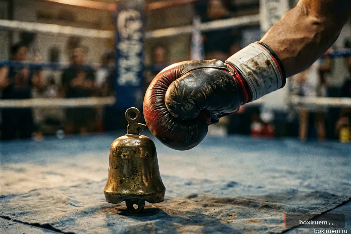 Рука боксера в перчатке тянется к колоколу на апроне ринга