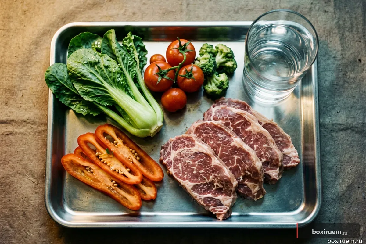 Полезный рацион боксёра: мясо, овощи и вода на столе