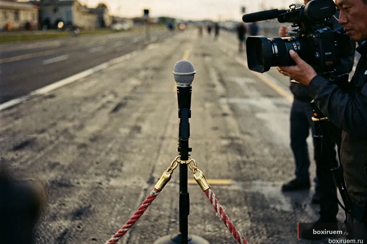 Микрофон ринг-анонсера на апероне рядом с канатами