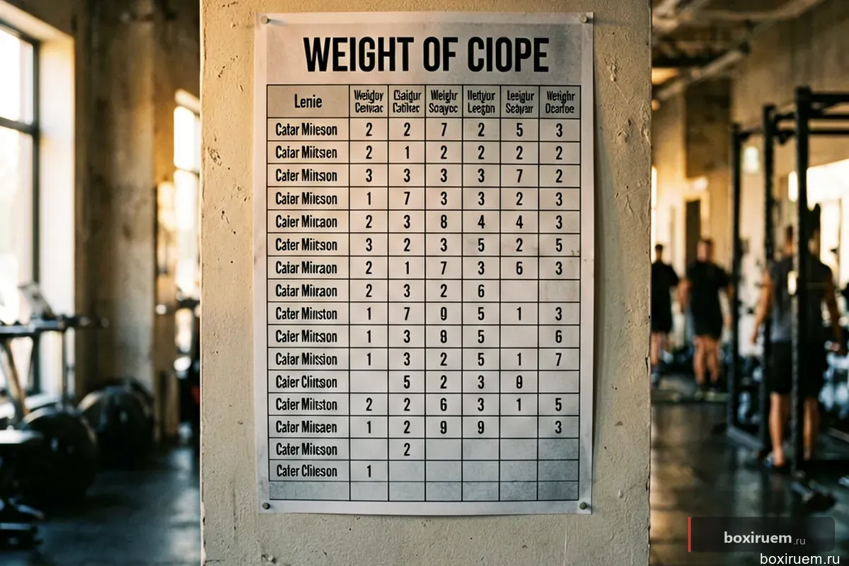 Плакат с весовыми категориями в коридоре спортзала