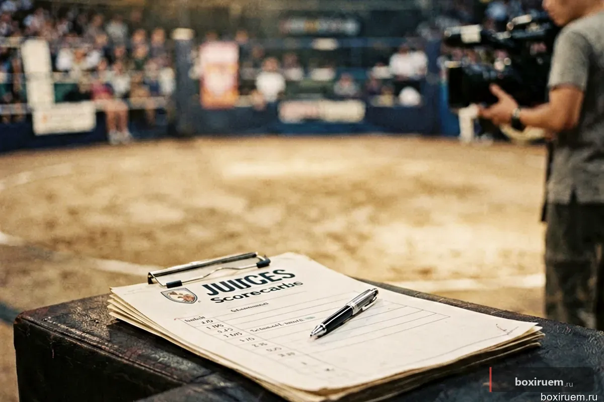 Судейские карточки на канвасе ринга рядом с ручкой