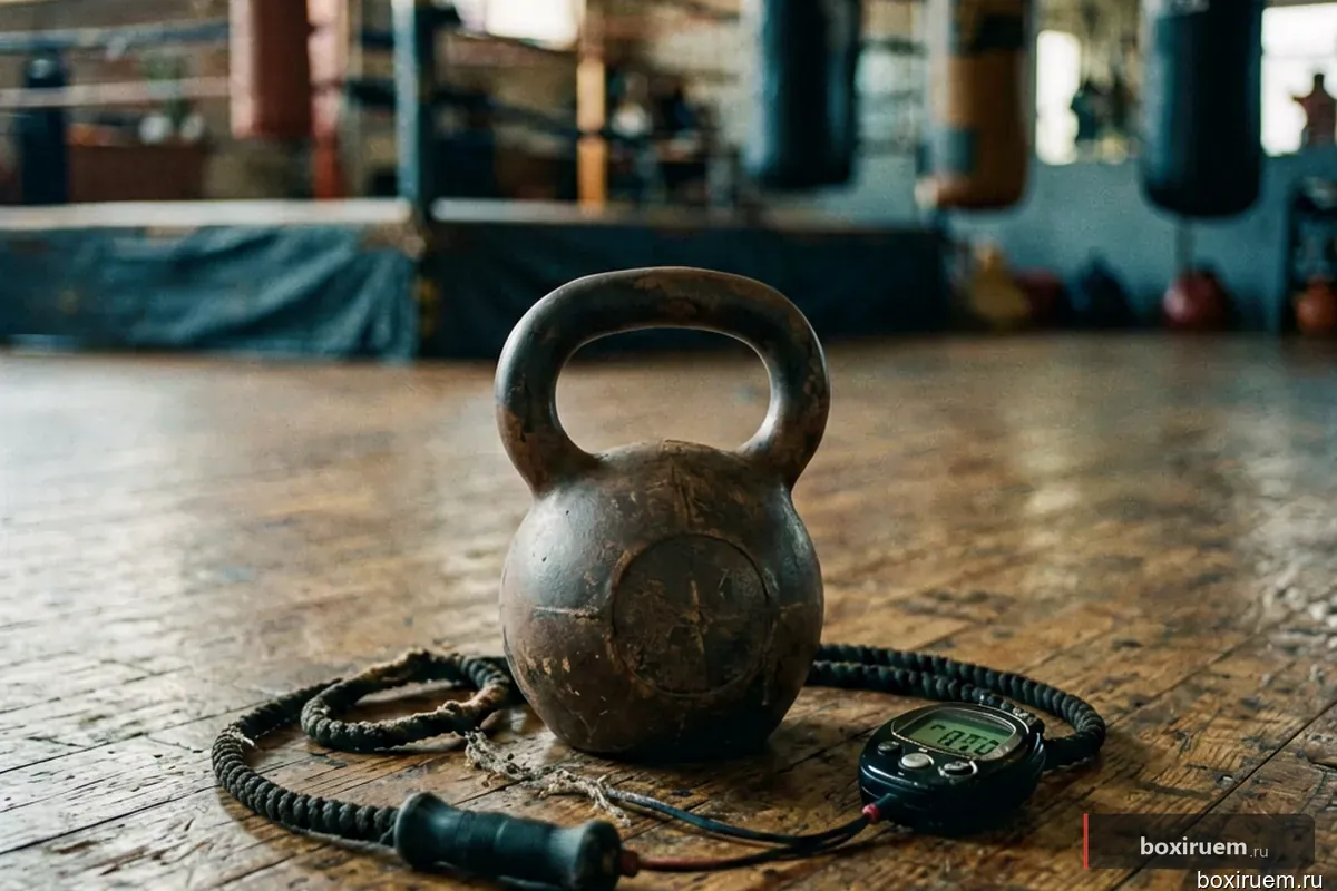 Гиря, скакалка и таймер на деревянном полу зала