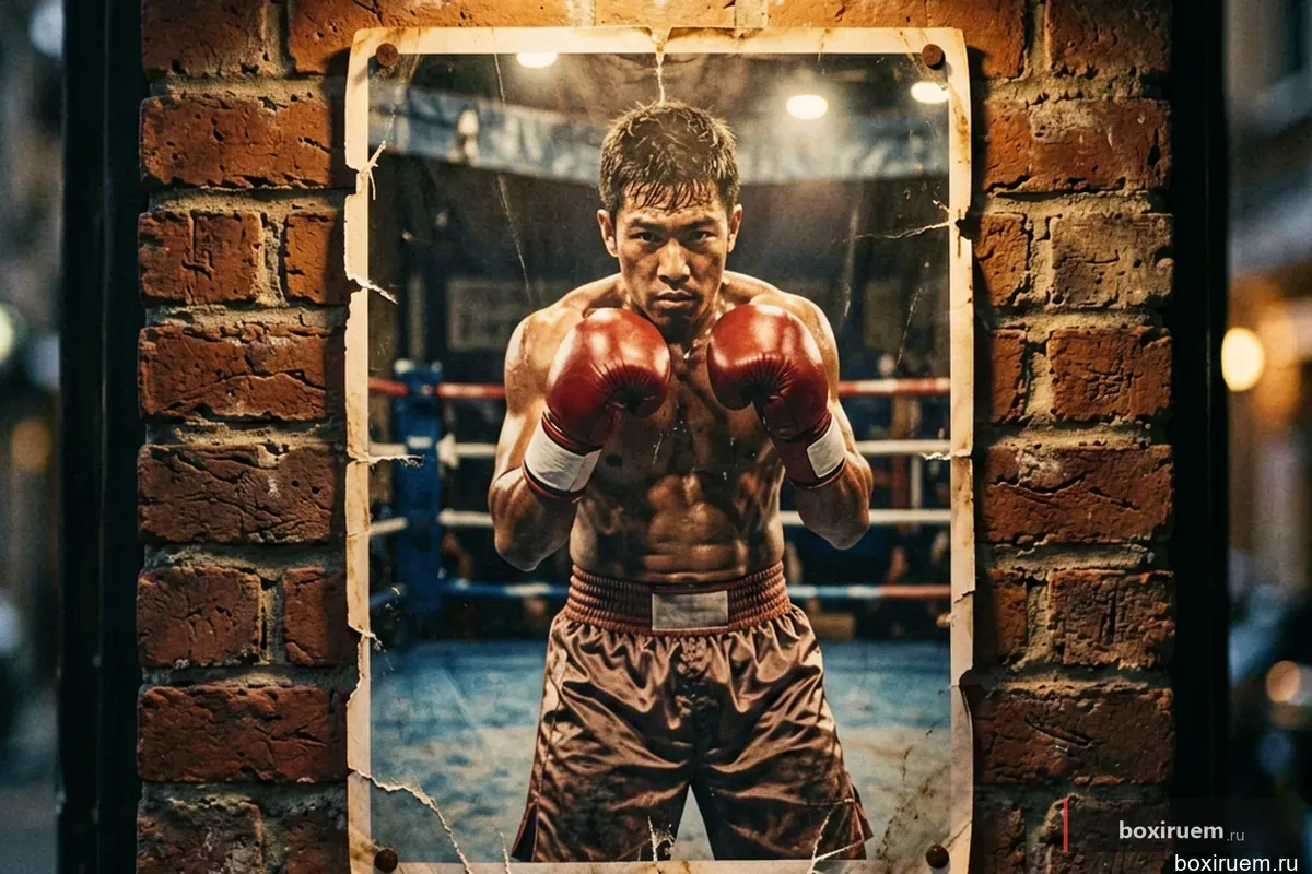 Рваный винтажный боксёрский плакат на фоне кирпича