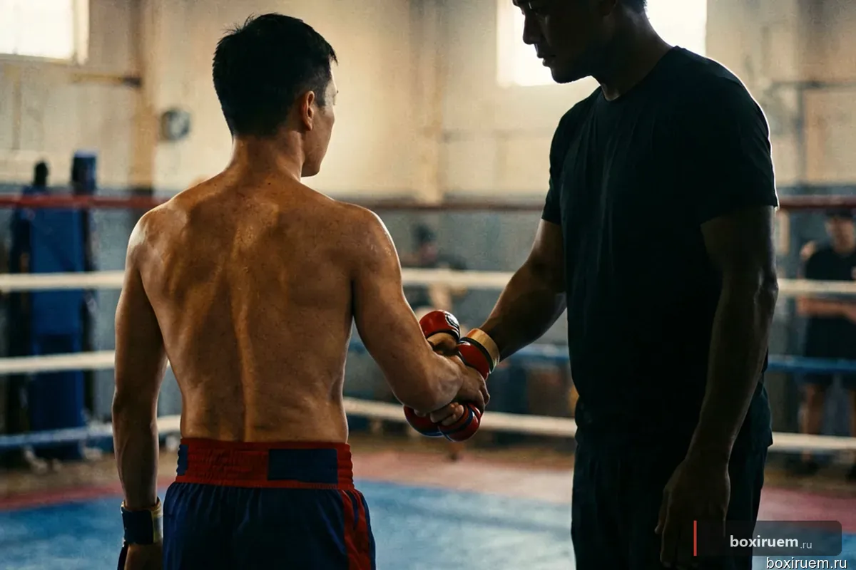 Молодой боксер пожимает руку тренеру в зале (вид со спины)