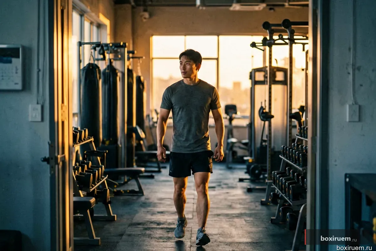 Интерьер небольшого частного боксерского зала в золотой час