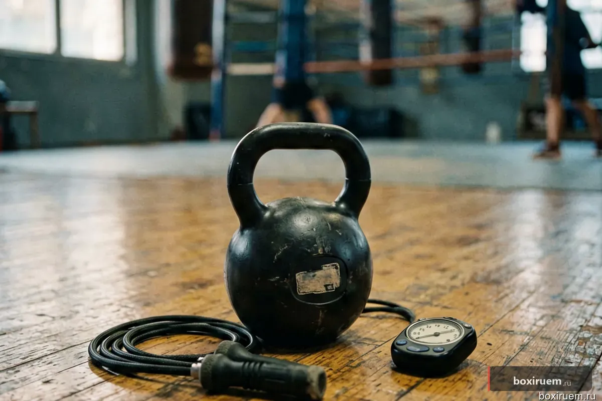 Гиря, скакалка и таймер на полу в боксерском зале