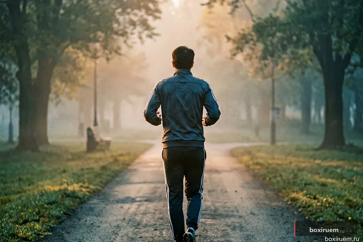 Бег спортсмена через туманный парк ранним утром