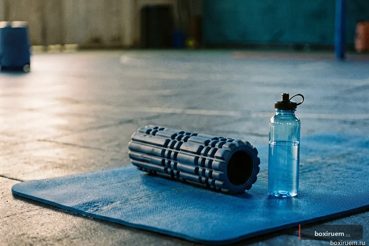 Коврик для растяжки с массажным роллом и бутылкой воды