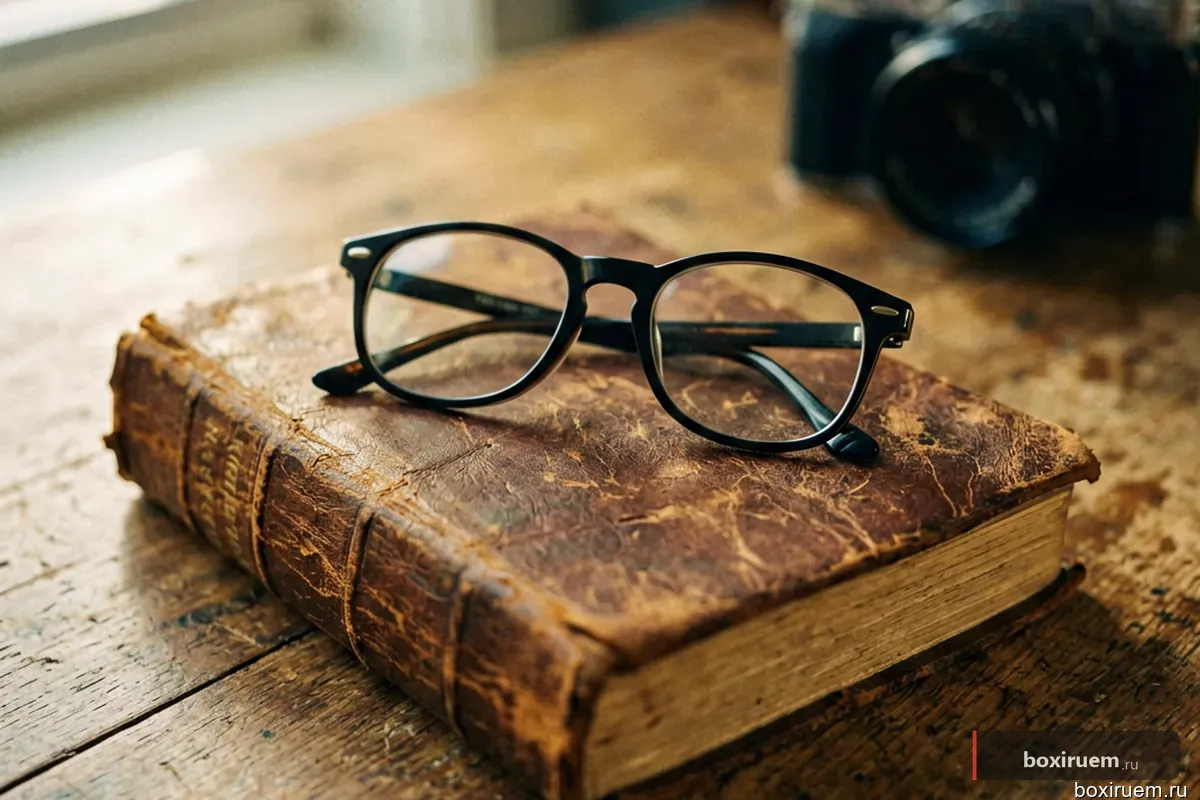 Винтажная кожаная книга правил с очками сверху