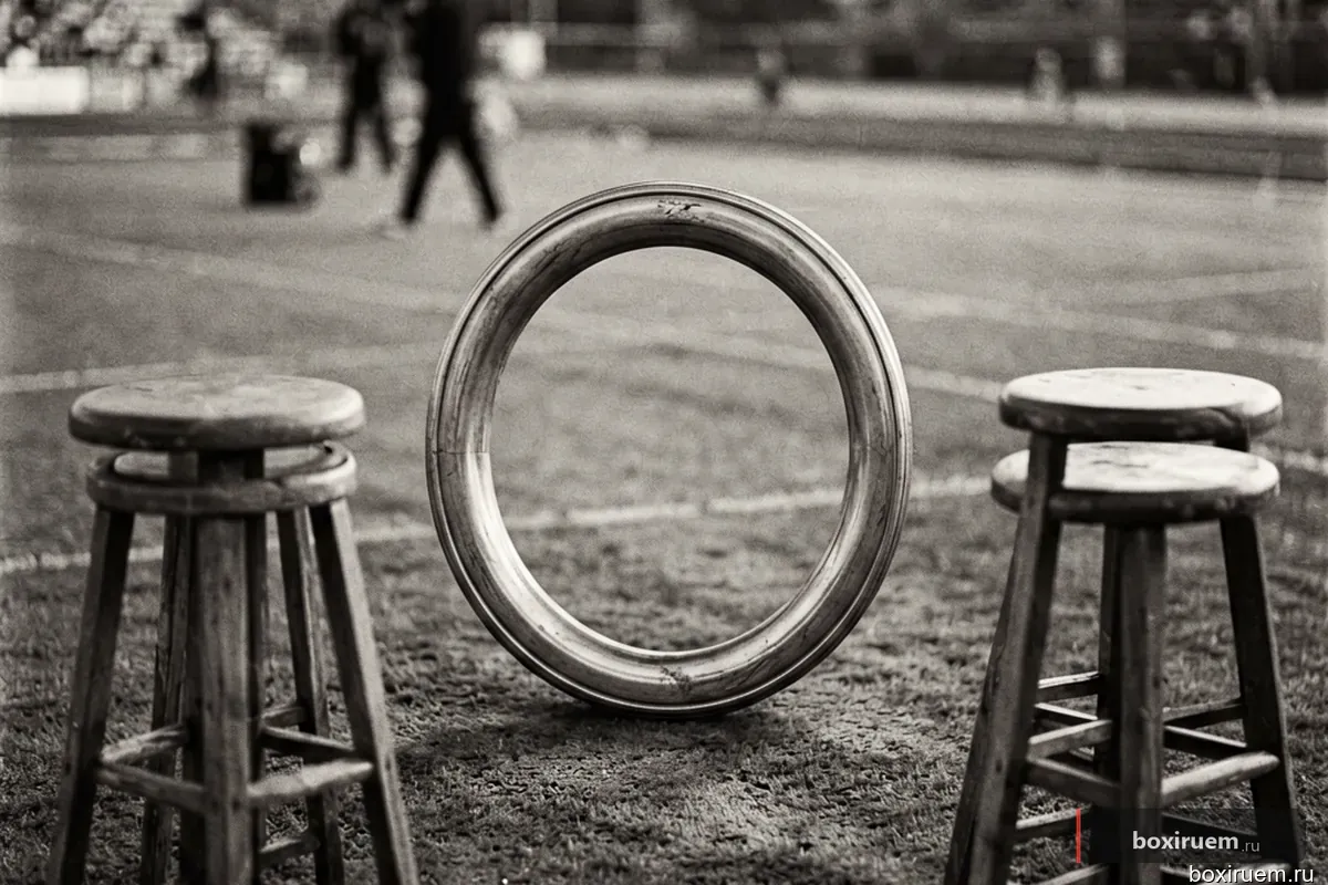 Пустой боксерский ринг в стиле 1940-х годов, стулья в углах