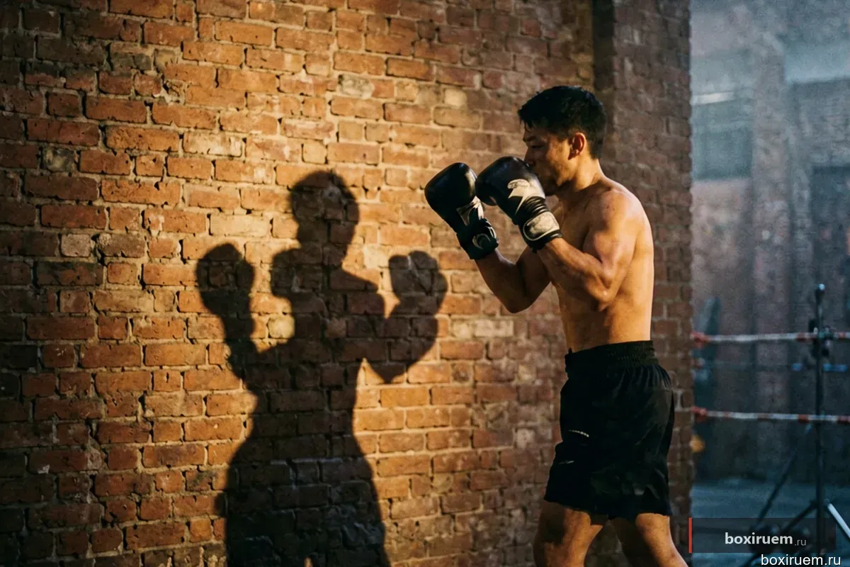 Тень боксера на кирпичной стене во время работы на снарядах