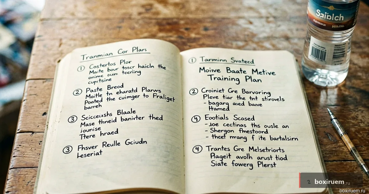 План тренировки боксера на деревянном столе с бутылкой воды