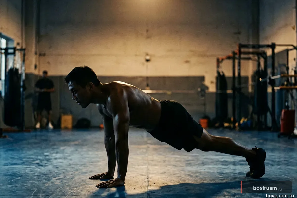 Силуэт боксера, делающего отжимания на полу в темном зале