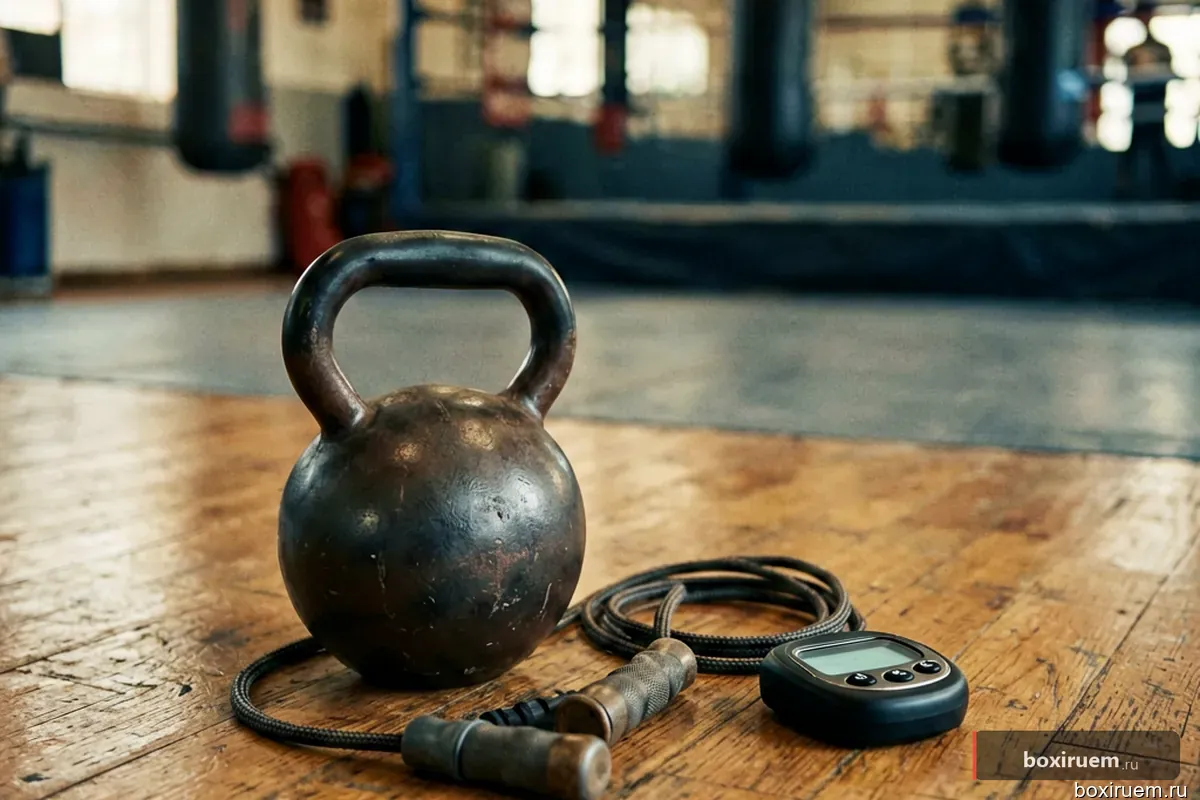 Скакалка, гиря и таймер на полу боксерского зала
