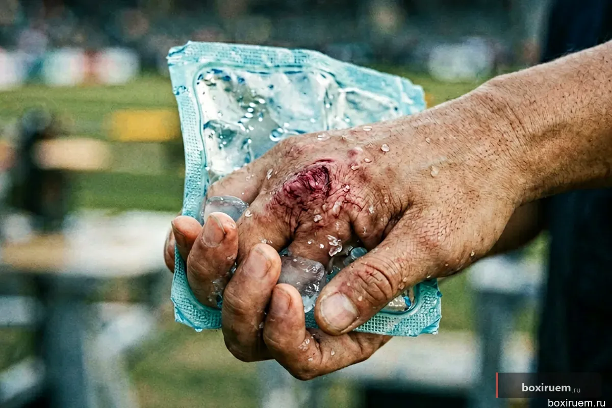 Лед на сбитом костяшке пальца боксера