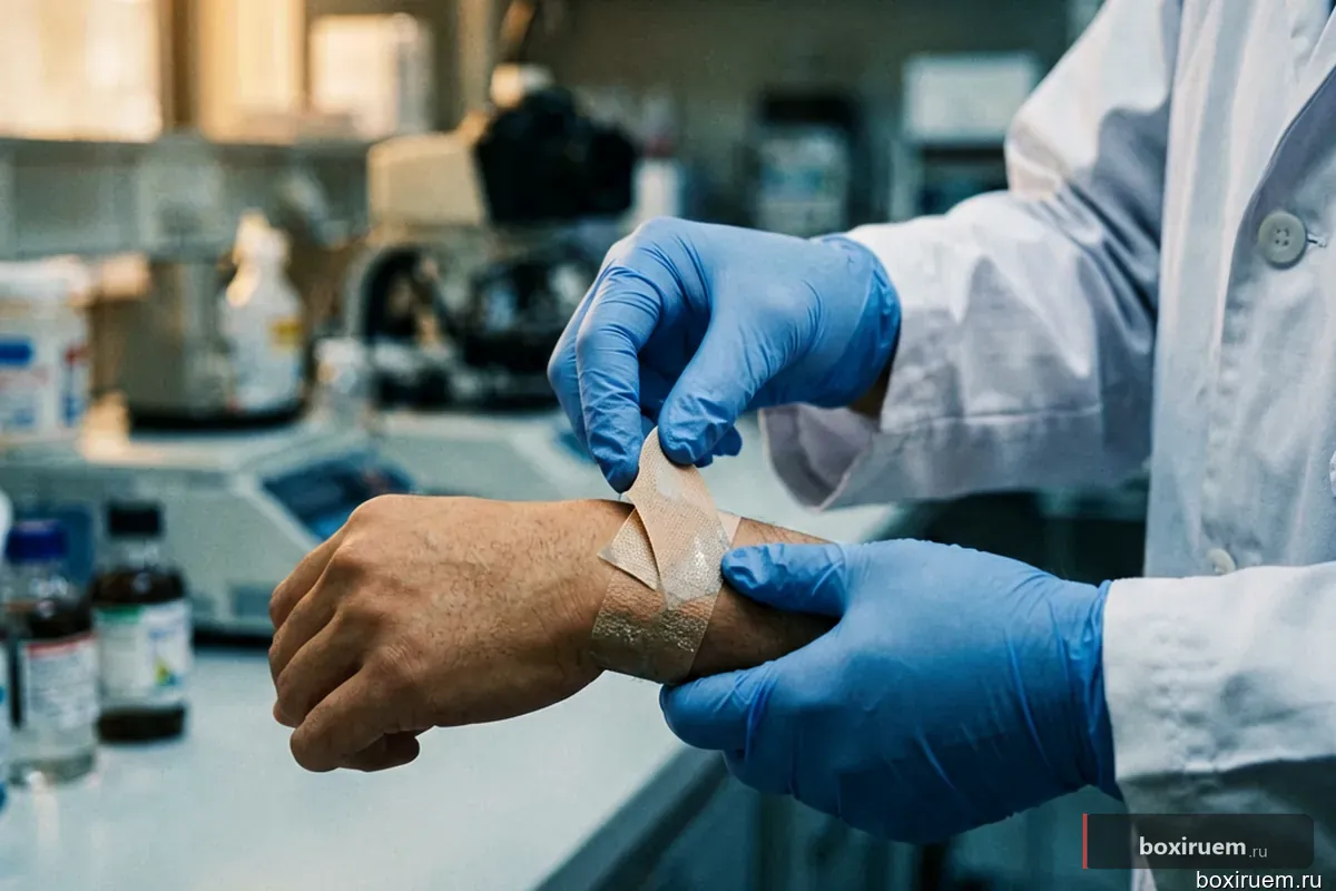 Рука врача в перчатке фиксирует тейп на запястье спортсмена