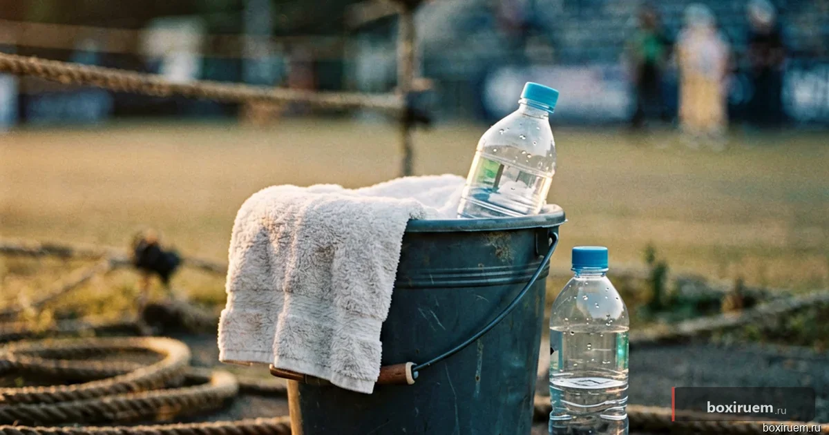 Пустой боксерский ринг под светом прожектора, частицы пыли в воздухе