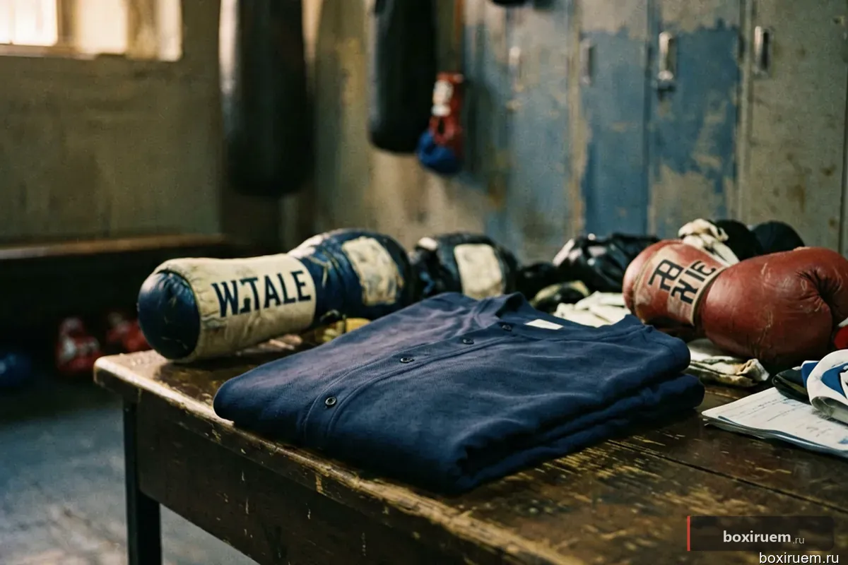 Скамейка в раздевалке с боксерскими бинтами и футболкой